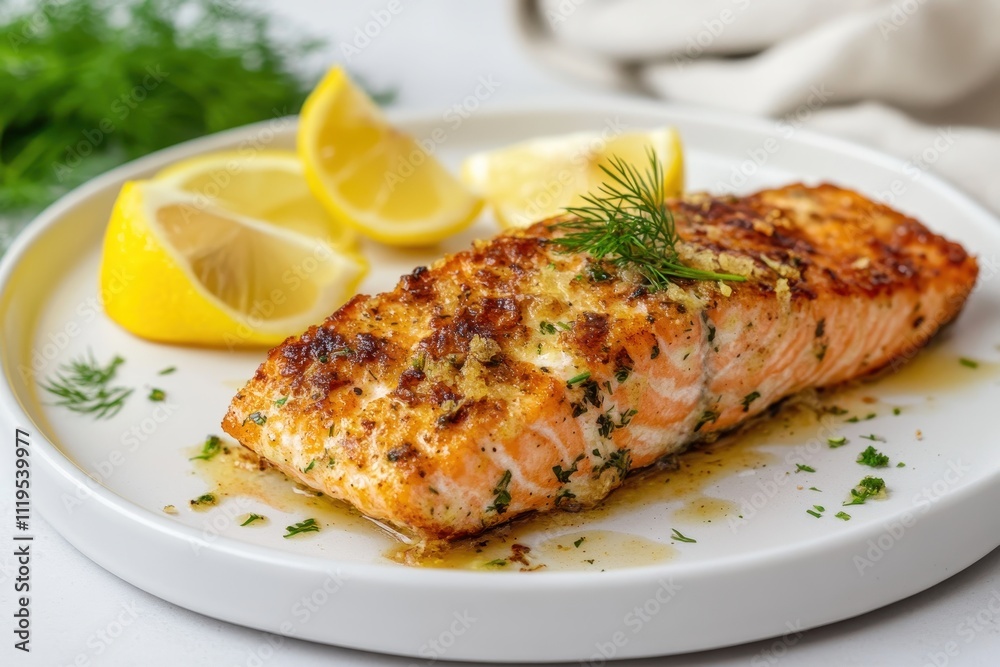 A beautifully cooked salmon fillet garnished with lemon and herbs on a white plate. A beautifully cooked salmon fillet garnished with lemon and herbs on a white plate.