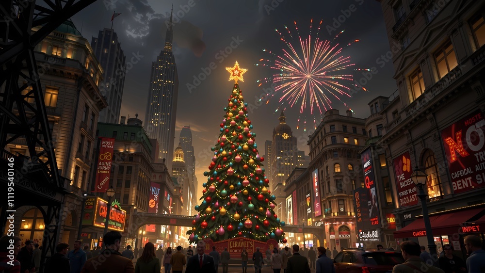 Obraz premium Christmas tree in the downtown center with fireworks, creating christmas and new year festive atmosphere