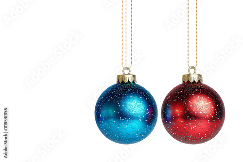 glittery red and blue christmas baubles on white background