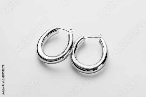 Silver hoop earrings displayed on a white background, highlighting their polished surface and distinctive shape