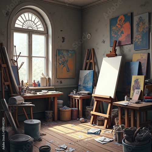 A mockup of an empty canvas in an abandoned art studio, with a light brown wooden easel at the center, surrounded by dust and debris. Cluttered tables, a dusty greyish-brown floor, and soft light from photo