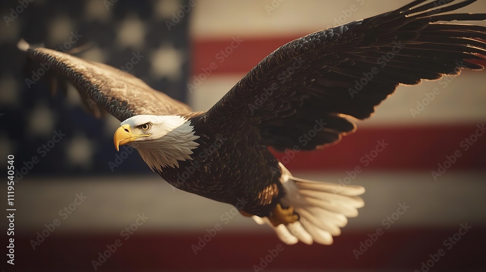 Naklejka premium Eagle flying with United States flag background