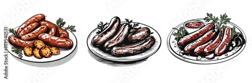 Plates of grilled sausages with side dishes, vector illustration.