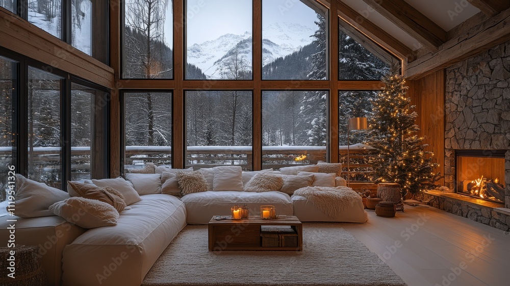 An elegant alpine cabin exudes warmth with festive tree, soft lighting, and mountain views, offering a serene retreat for cozy winter days and joyful holiday gatherings. An elegant alpine cabin exudes warmth with festive tree, soft lighting, and mountain views, offering a serene retreat for cozy winter days and joyful holiday gatherings.