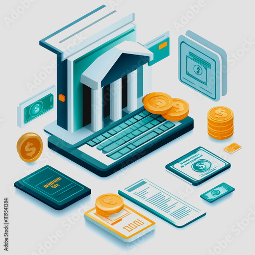 Digital banking concept showing virtual bank, financial documents, coins, cards, and money with detailed representation of modern finance layout