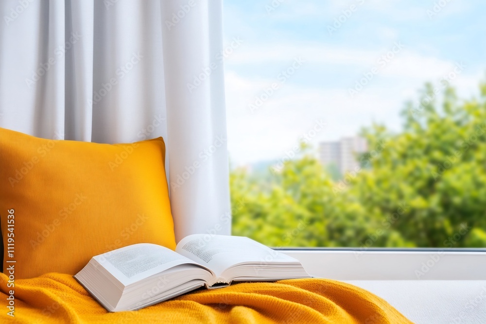 Fototapeta premium Cozy Reading Nook with Plush Cushions Warm Blanket and Sunlight Filtering Through for Book Lovers Tranquil Escape