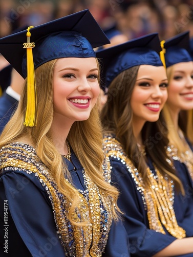 Smiling graduates in navy caps and gowns adorned with gold tassels and sequined stoles celebrate their achievement, showcasing joy and pride at a lively graduation ceremony. photo