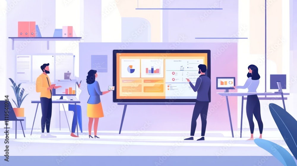 Team collaborating on data analytics displayed on a large screen in a modern office.
