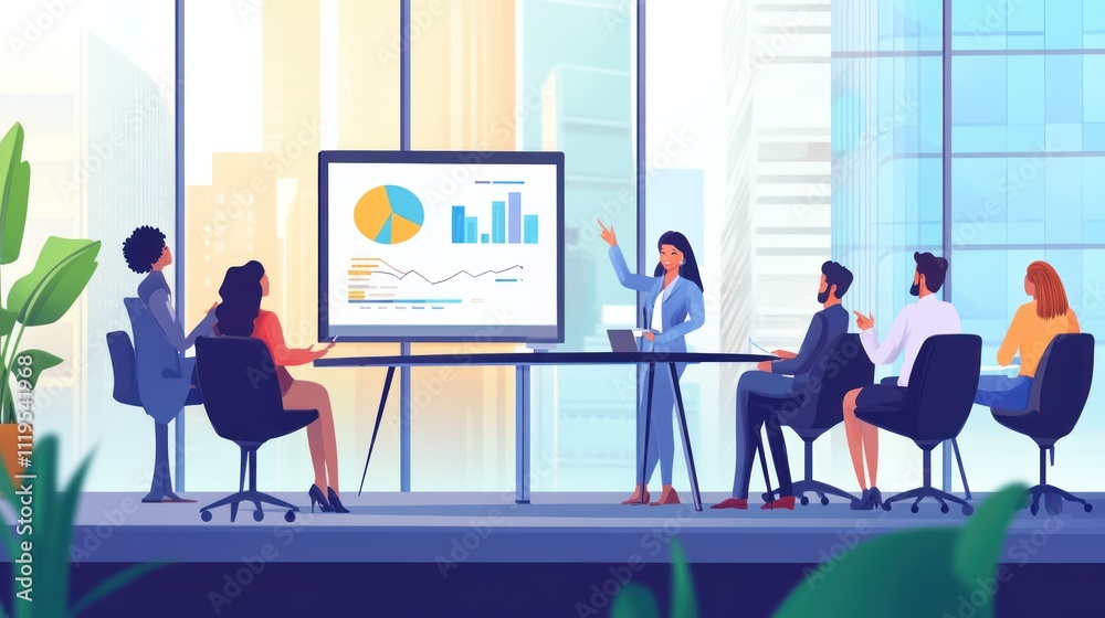 Businesswoman giving presentation to diverse team in modern office with city view. Businesswoman giving presentation to diverse team in modern office with city view.