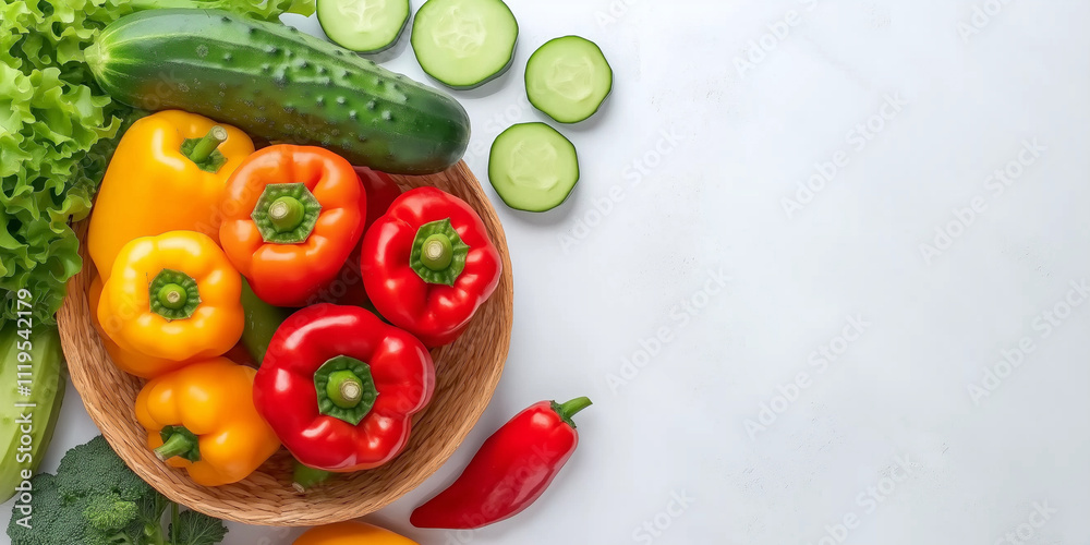 Round vegetable basket with bell peppers and cucumbers, white background