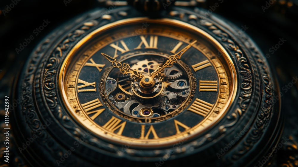 Antique Pocket Watch Closeup, Gold Roman Numerals. Antique Pocket Watch Closeup, Gold Roman Numerals.