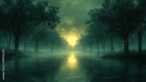 Misty sunset over a dark, tree-lined river. photo