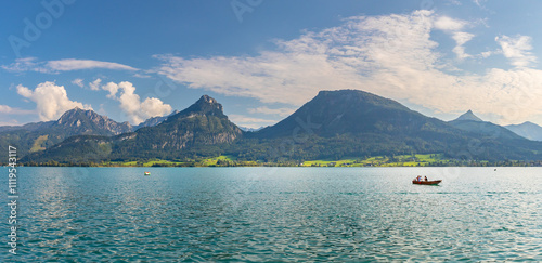 landscape with Lake Wolfgangsee, mountains with mount Sparber, view from the town of Sankt Wolfgang, Austria photo