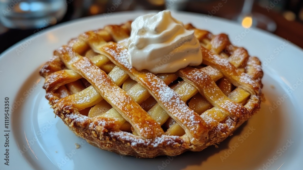 Warm apple pie with a lattice crust, served with a dollop of whipped cream