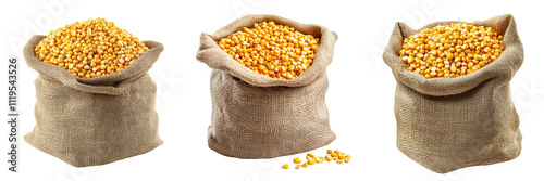 Set of A Burlap sack full of yellow corn kernels, on a PNG format Background. Generative AI,