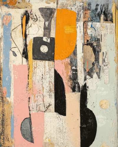 Abstract collage painting with geometric shapes, textured layers, and muted colors.