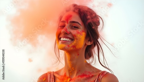 Little boy plays with Holi festival colours.Concept for Indian festival Holi. Young Indian woman celebrating holy festival isolated on white background
 photo