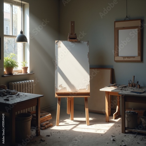 A mockup of an empty canvas in an abandoned art studio, with a light brown wooden easel at the center, surrounded by dust and debris. Cluttered tables, a dusty greyish-brown floor, and soft light from photo