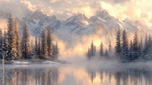 Misty winter sunrise over snow-capped mountains reflected in a calm lake.