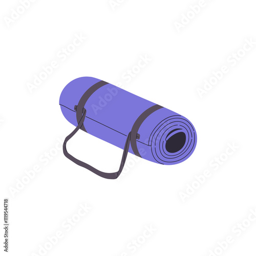 Roll of yoga mat icon. Folded mattress with straps. Rubber rug for fitness training. Carpet for camping during hiking. Trekking tool for tourism. Flat isolated vector illustration on white background