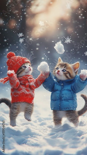 Adorable kittens wearing colorful winter clothes, playfully interacting in the snow, capturing the essence of joy and innocence during the winter season. photo