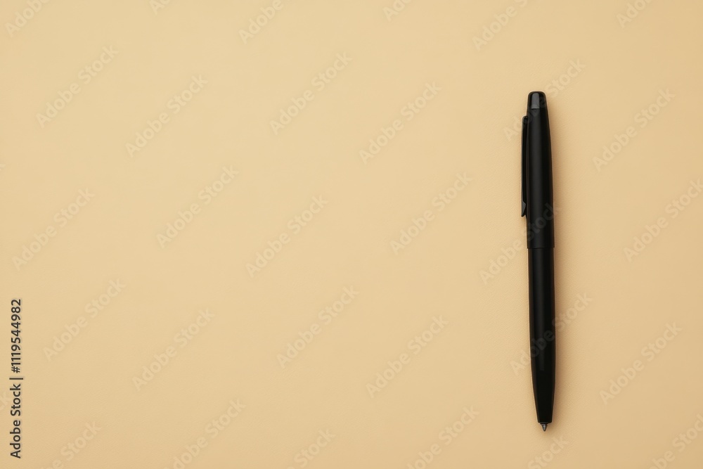 Black pen resting on a light beige surface, captured in a minimalist setting Black pen resting on a light beige surface, captured in a minimalist setting