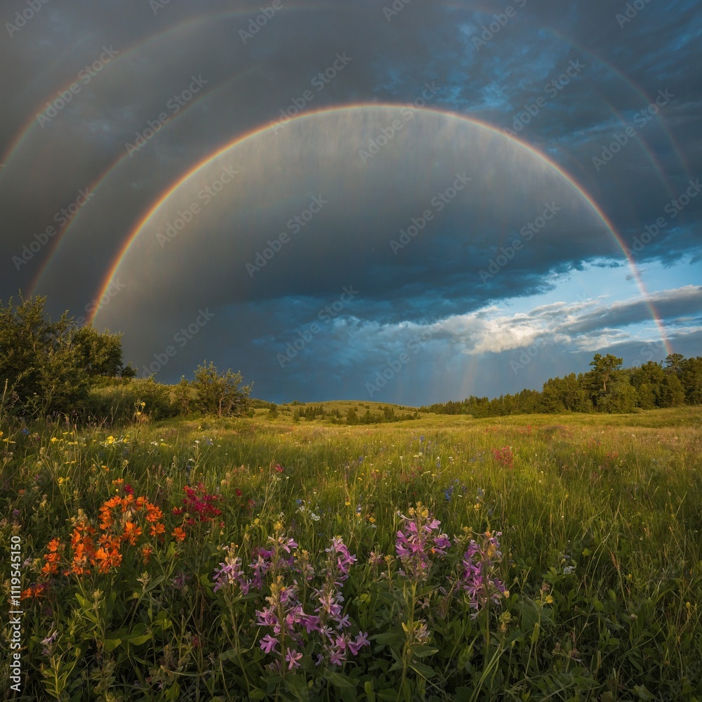 Naklejka premium A wildflower meadow with a rainbow arcing across the sky.
