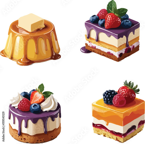 chocolate cake with berries set of cakes and desserts vector  illustration clipart colorful art with white background