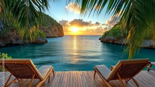 Relaxing on lounge chairs while watching a beautiful sunset over tranquil waters at a tropical location