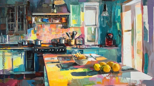 A vibrant abstract painting of a modern kitchen filled with bright colors, illustrating both the lively energy of a home space and the artistic expression of creativity.