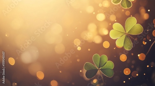 Four beautiful clover leaves float gracefully against a dreamy golden bokeh backdrop, evoking feelings of hope, fortune, and natural elegance of dreams.