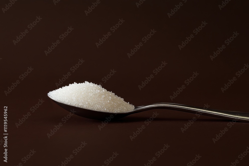 A silver spoon holding a mound of granulated sugar against a dark background