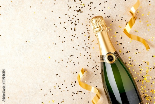 Champagne Bottle with Gold Ribbon and Confetti for Celebration and Festive Event. photo