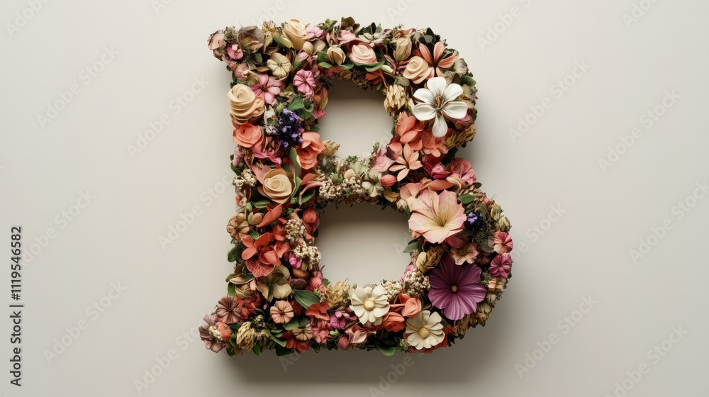 3D letter 'B' featuring ornate floral patterns and lush, detailed flowers wrapping around the letter 3D letter 'B' featuring ornate floral patterns and lush, detailed flowers wrapping around the letter
