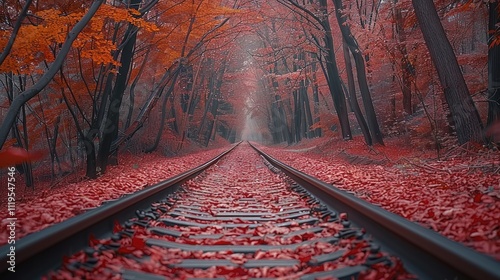 The autumn forest, the leaves on both sides of the railway tracks have turned red and orange. The trees along it create an enchanting backdrop. photo