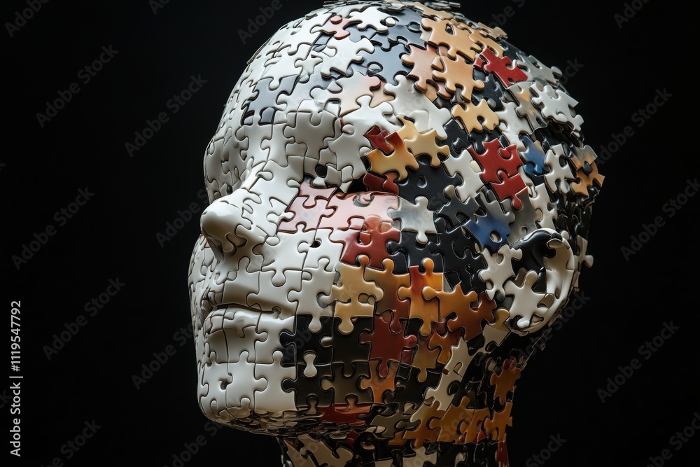 A human head made up of jigsaw puzzle pieces. Concept of mind complexity