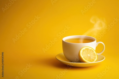 Hot lemon tea steaming in a white cup beside a fresh lemon slice on a yellow background