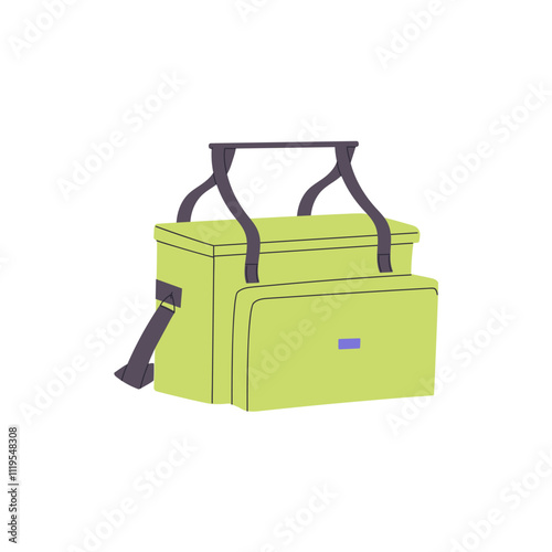 Icon of cooler bag for journey in nature. Compact refrigerator with handles for hiking. Mobile thermos box for food in outing. Trekking tool. Flat isolated vector illustration on white background