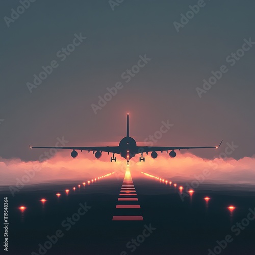 Glowing Jetliner Landing at Dusk with Fog, Runway Lights, and a Dramatic Evening Silhouette photo