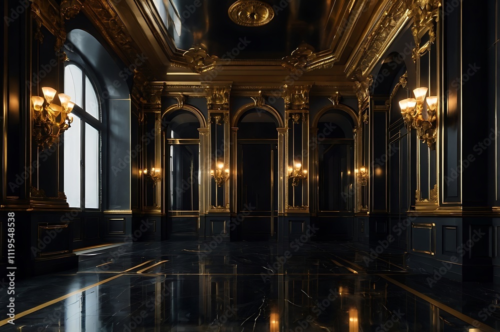 Fototapeta premium Gold and Black Baroque Style Palace Portal, Luxurious Design, Generative AI