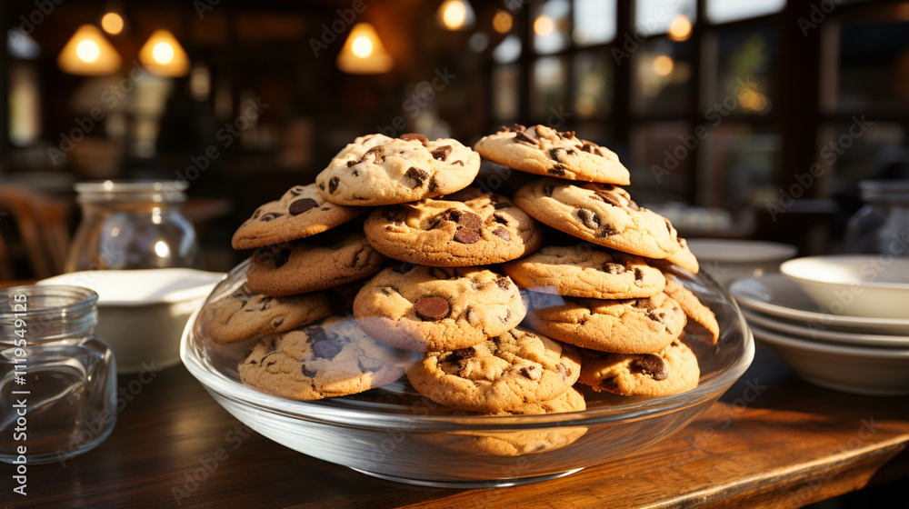 Chocolate chip cookies snacks food in a plate on table Chocolate chip cookies snacks food in a plate on table