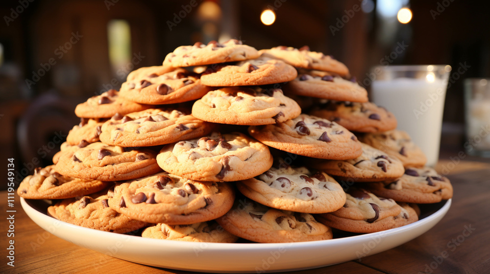 Chocolate chip cookies snacks food in a plate on table Chocolate chip cookies snacks food in a plate on table