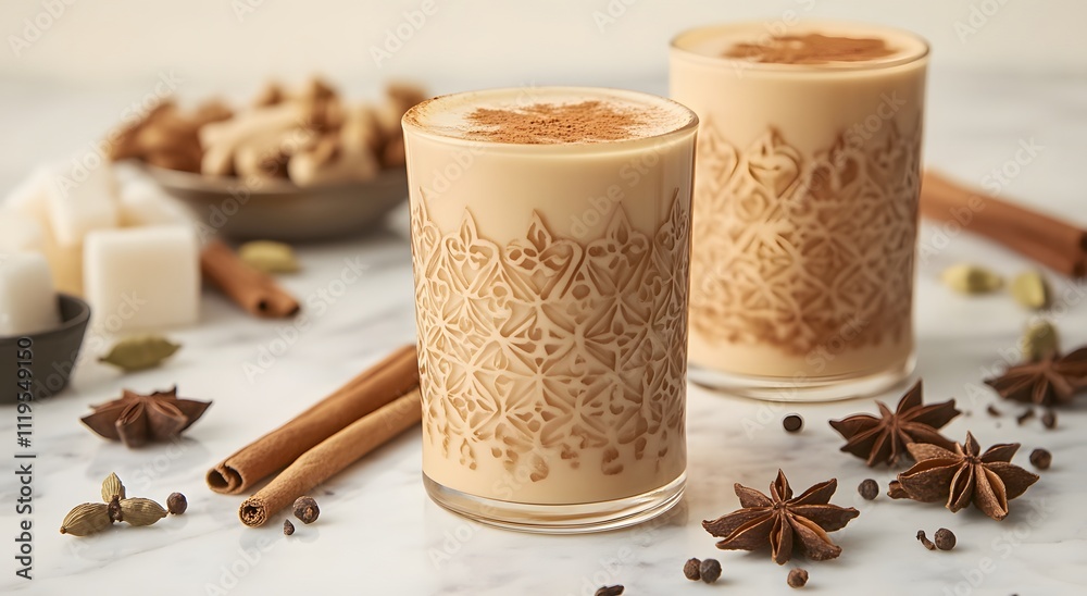 A traditional cup of tea filled with creamy milk. The cup is garnished with cinnamon, cardamom and star anise. Spice powder is also sprinkled for extra flavor. Perfect for boosting immunity in winters A traditional cup of tea filled with creamy milk. The cup is garnished with cinnamon, cardamom and star anise. Spice powder is also sprinkled for extra flavor. Perfect for boosting immunity in winters