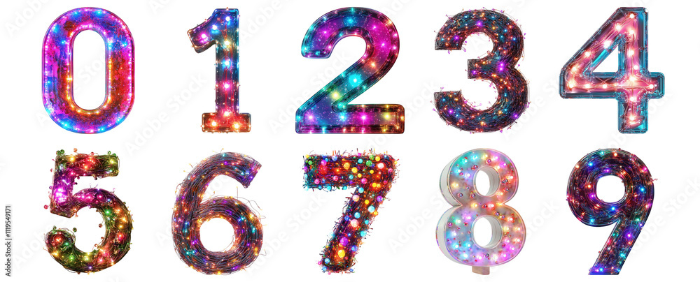 Pack 0 to 9 Numbers Twinkling Lights Style set over Transparent Background for Modern Design Projects, Creative Branding, or Unique Typography Applications Pack 0 to 9 Numbers Twinkling Lights Style set over Transparent Background for Modern Design Projects, Creative Branding, or Unique Typography Applications