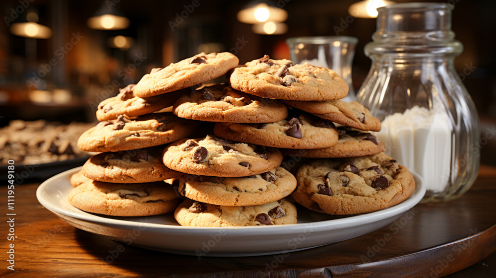 Chocolate chip cookies snacks food in a plate on table Chocolate chip cookies snacks food in a plate on table