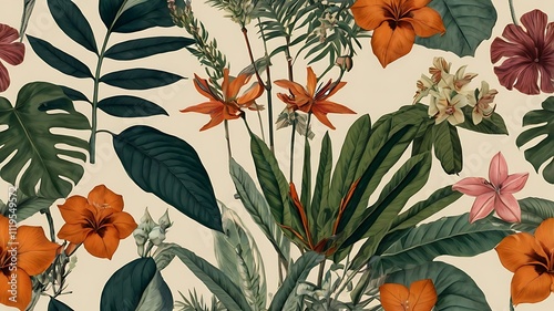 Lush Tropical Flowers and Leaves Seamless Pattern