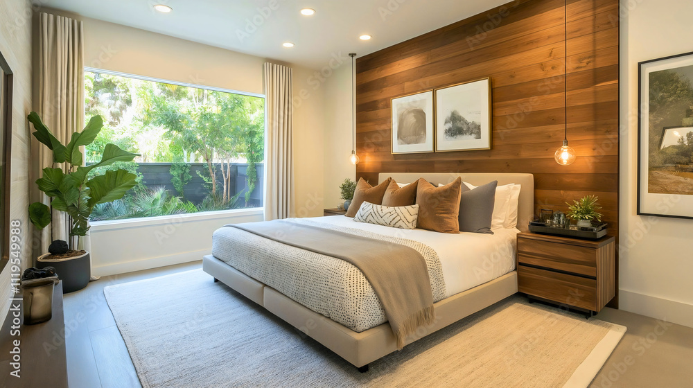 Obraz premium Cozy Modern Bedroom Design: Natural Light, Stylish Furniture, Soft Textiles, and Rustic Wood Accents for a Serene, Inviting Retreat