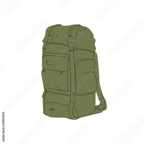 Hiking backpack icon. Tent knapsack with kit for journey. Trekking rucksack with supplies for travel. Military bag, luggage for expedition, trip. Flat isolated vector illustration on white background