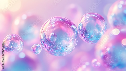 Abstract pastel pink and blue spheres floating in soft light.