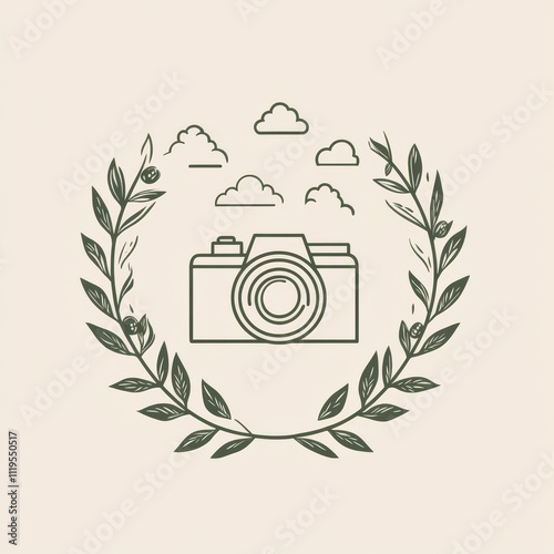 Vintage Camera Surrounded by Greenery and Sunset Sky in Minimalist Artistic Style. photo